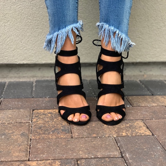 Black Strappy Caged Laced Up High Heel Sandal - Picture 3 of 8